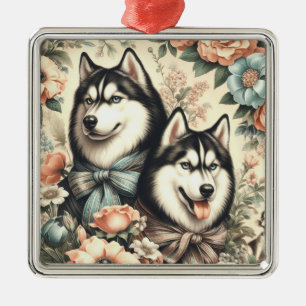 Vintage Siberian Husky Illustration Metal Ornament