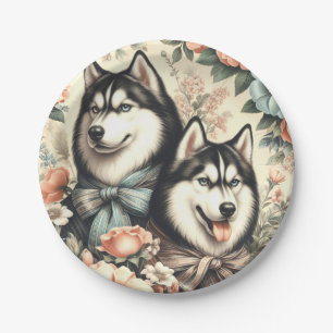Vintage Siberian Husky Illustration Paper Plates