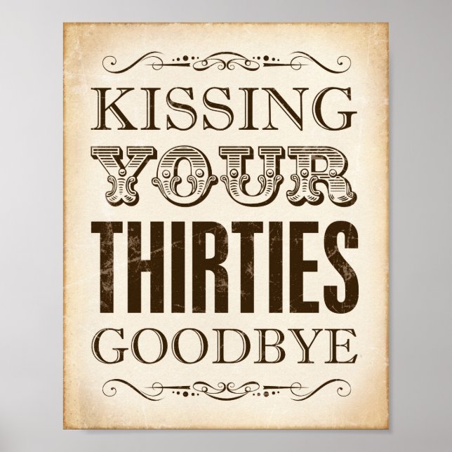 Vintage Sign Print KISSING YOUR THIRTIES GOODBYE (Front)