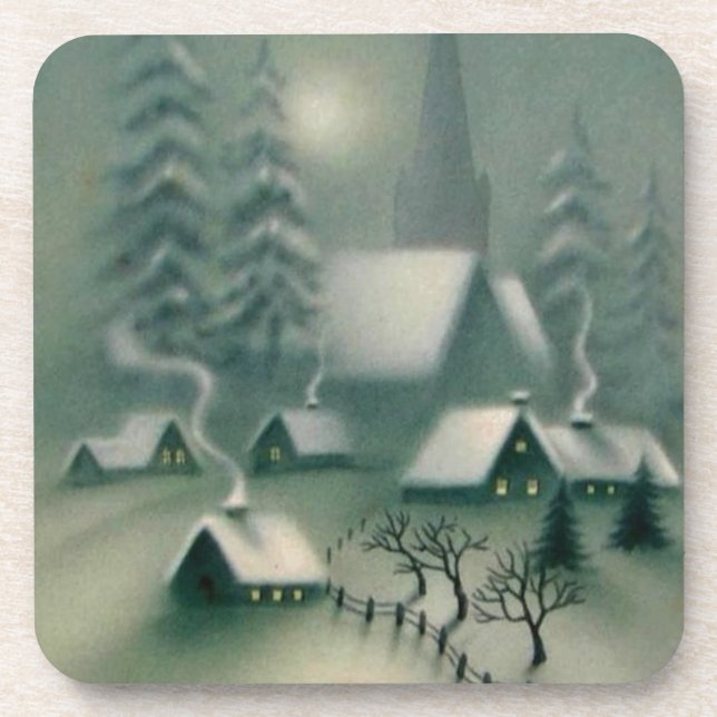 Vintage Silent Night Christmas Winter Scene Drink Coaster (Front)