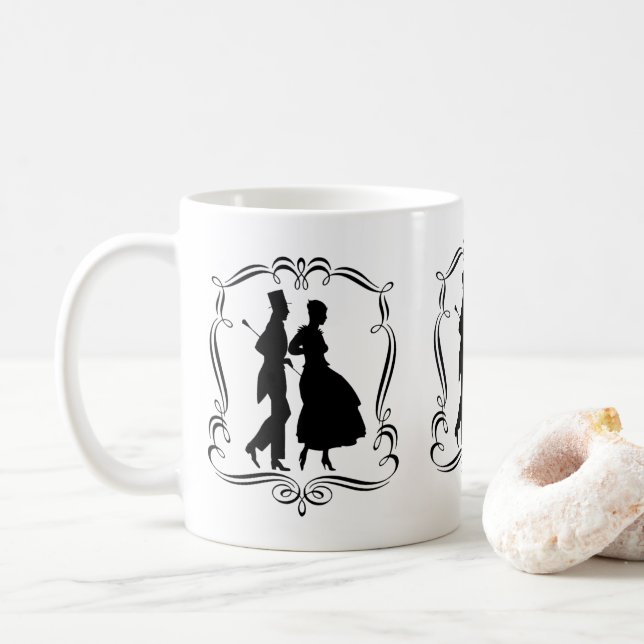 Vintage Silhouette Art Elegant Man Woman  Coffee Mug (With Donut)