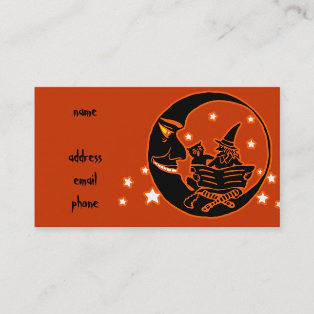 Vintage Silhouette Witch Cat and Moon Business Card (Front)