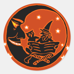 Vintage Silhouette Witch Cat and Moon Classic Round Sticker