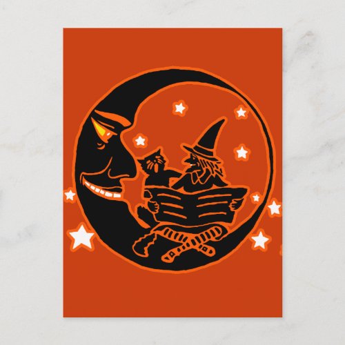 Vintage Silhouette Witch Cat and Moon Postcard