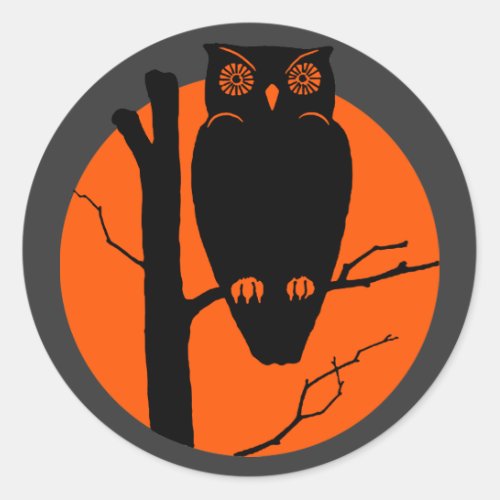 Vintage Silouhette Owl Orange Moon Classic Round Sticker
