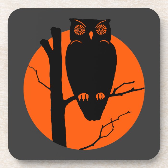 Vintage Silouhette Owl Orange Moon Beverage Coaster