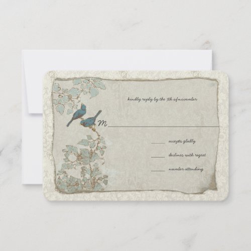 Vintage Silver and Blue Birds Damask Wedding RSVP