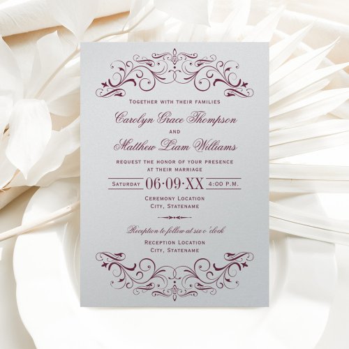 Vintage Silver and Maroon Flourish Wedding Invitation