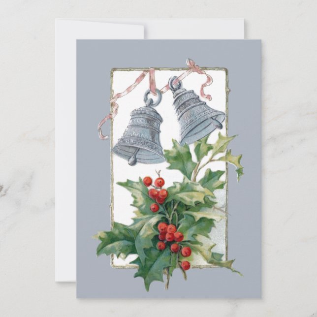 Vintage Silver Bells and Holly Holiday Card (Front)