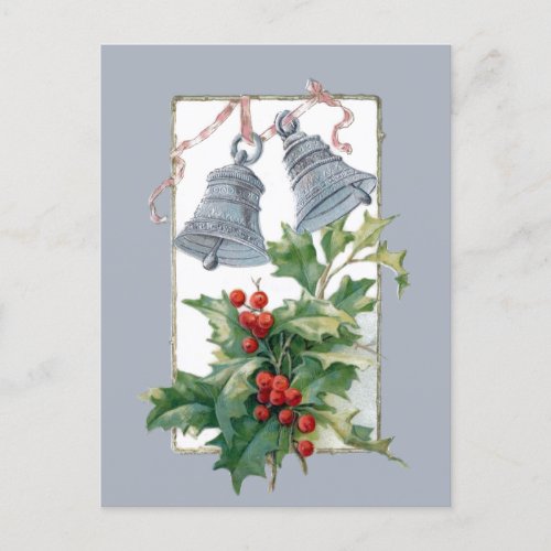 Vintage Silver Bells and Holly Holiday Postcard