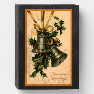 Vintage Silver Christmas Bells an Holly Wooden Box Sign