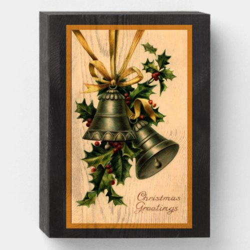 Vintage Silver Christmas Bells an Holly Wooden Box Sign