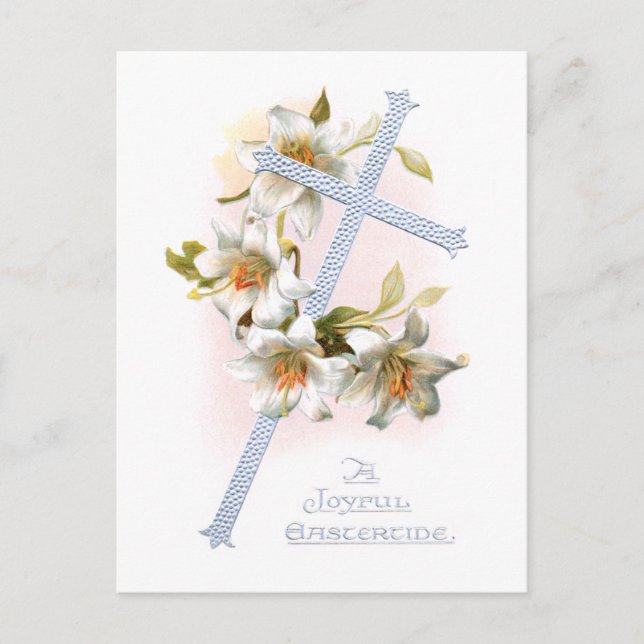 Vintage Silver Cross and Easter Lilies Holiday Postcard (Front)