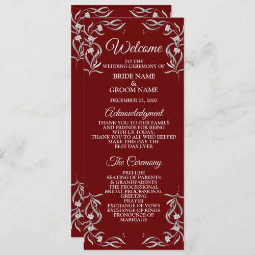 Vintage Silver Floral Pattern Red Elegant Wedding Program