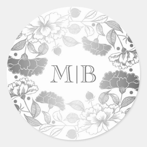 Vintage Silver Floral Wreath Elegant Wedding Classic Round Sticker - Silver peonies - floral wreath elegant monogram wedding sticker