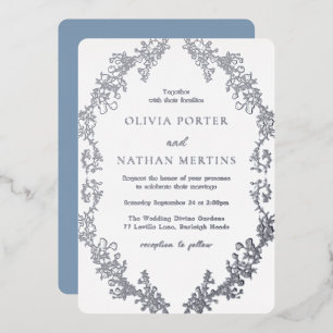 Vintage Silver Floral Wreath Wedding Foil Invitation