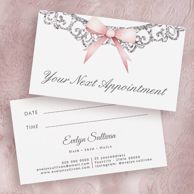 Vintage silver frame pink bow appointment card (Creator Uploaded)