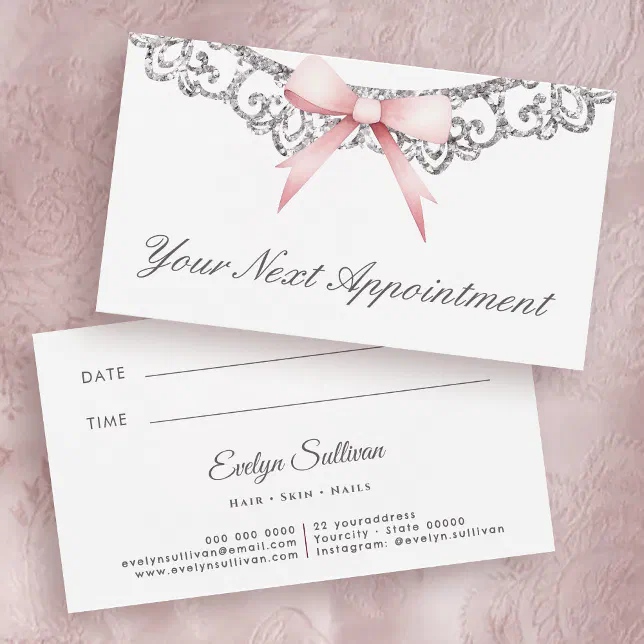 Vintage silver frame pink bow appointment card | Zazzle
