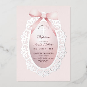 Vintage Silver Frame Pink Bow Baptism Foil Invitation