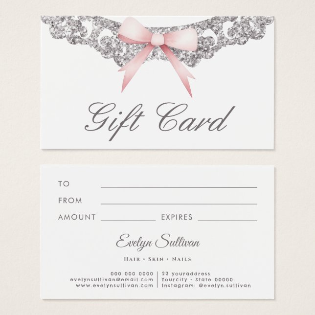 Vintage silver frame pink bow gift card (Front & Back)