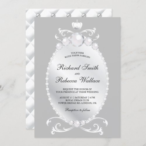 Vintage Silver Gemstone Pearl Wedding Invitation