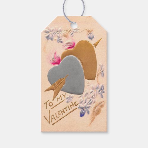 Vintage Silver  Gold Hearts Valentine Postcard Gift Tags