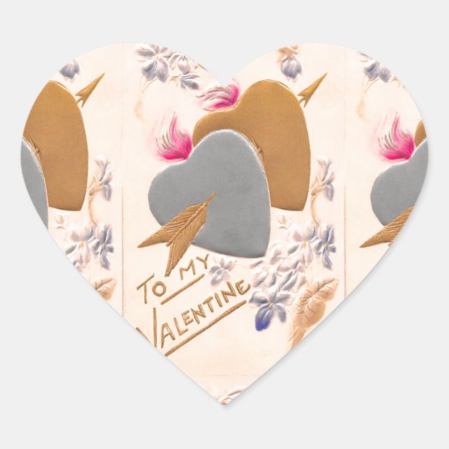 Vintage Silver & Gold Hearts Valentine Postcard Heart Sticker (Front)