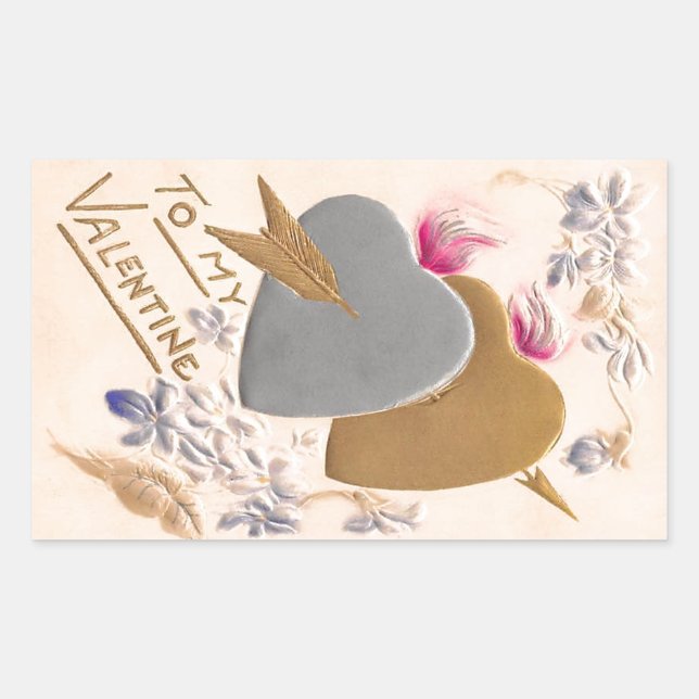 Vintage Silver & Gold Hearts Valentine Postcard Rectangular Sticker (Front)