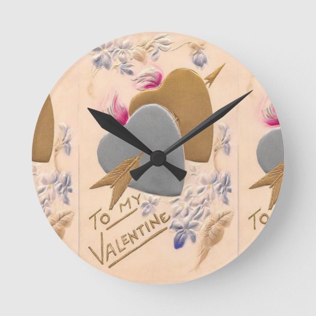 Vintage Silver & Gold Hearts Valentine Postcard Round Clock (Front)