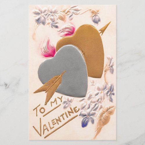 Vintage Silver  Gold Hearts Valentine Postcard Stationery