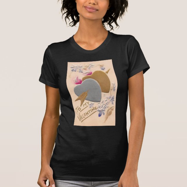 Vintage Silver & Gold Hearts Valentine Postcard T-Shirt (Front)