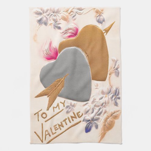 Vintage Silver  Gold Hearts Valentine Postcard Towel