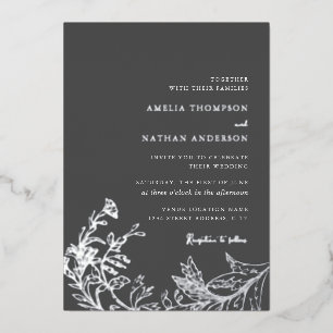 Vintage Silver Gray Floral Wedding Foil Invitation