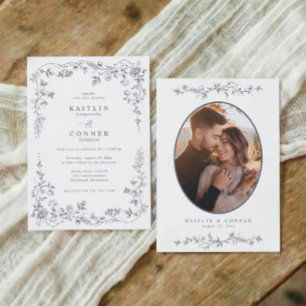 Vintage Silver Gray French Floral Wedding Photo Invitation