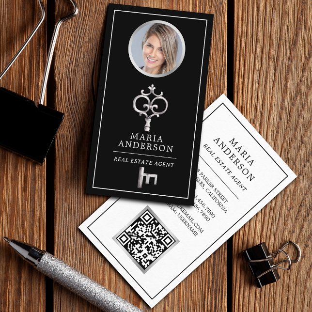 Vintage Silver Key Real Estate Agent Photo QR Code Business Card (Creator Uploaded)