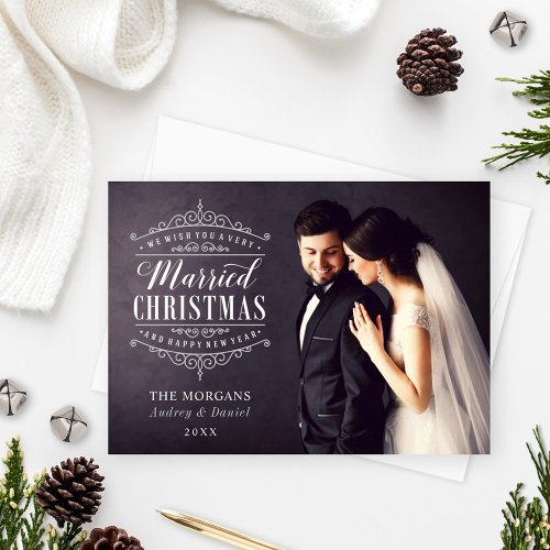 Vintage Silver Married Christmas Wedding Photo Holiday Card