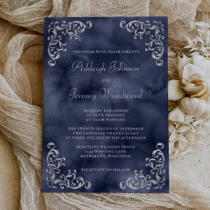 Vintage Silver Navy Blue Watercolor Wedding Invitation