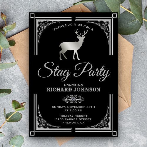 Vintage Silver Stag Bachelor Party Invitation