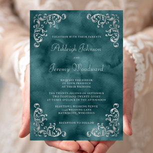 Vintage Silver Teal Blue Watercolor Wedding Invitation