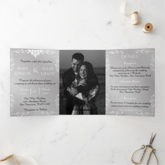 Vintage Silver & White Ornamental Border Wedding Tri-Fold Announcement