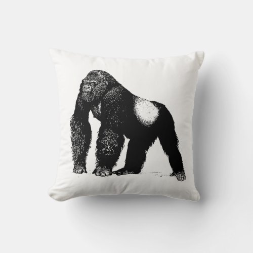 Vintage Silverback Gorilla Illustration Black Throw Pillow