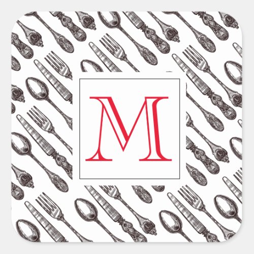 Vintage Silverware Classic Foodie Initial Square Sticker