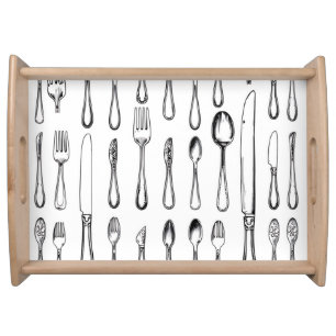 Vintage Silverware Sketch Pattern Elegant Serving Tray