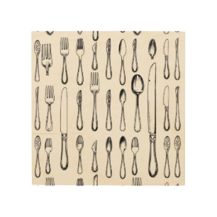 Vintage Silverware Sketch Pattern Elegant Wood Wall Art