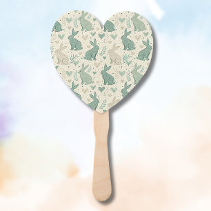 Vintage Simple Bunny Silhouettes Hearts Pattern Hand Fan