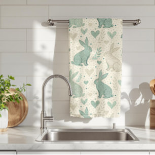 Vintage Simple Bunny Silhouettes Hearts Pattern Kitchen Towel