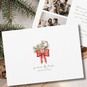 Vintage Simple Candy Cane Bow Peace Love Christmas Holiday Card
