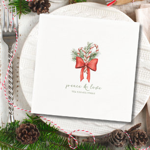 Vintage Simple Candy Cane Bow Peace Love Christmas Napkins