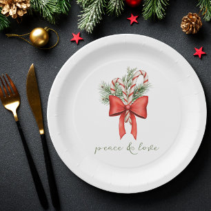 Vintage Simple Candy Cane Bow Peace Love Christmas Paper Plates