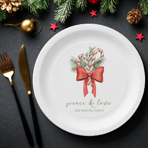 Vintage Simple Candy Cane Bow Peace Love Christmas Paper Plates